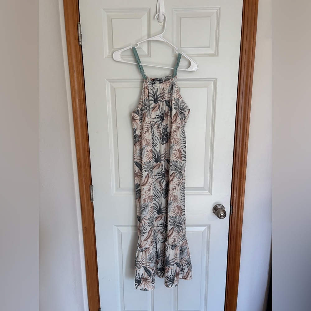 Cream & Green Tropical leaf tiered maxi dress